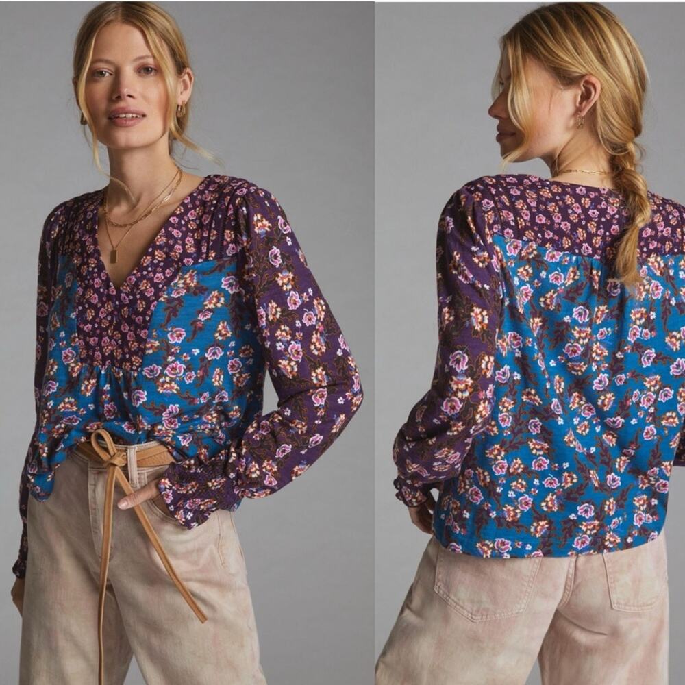 Anthropologie Floral Patchwork V-Neck Blouse in Purple & Blue